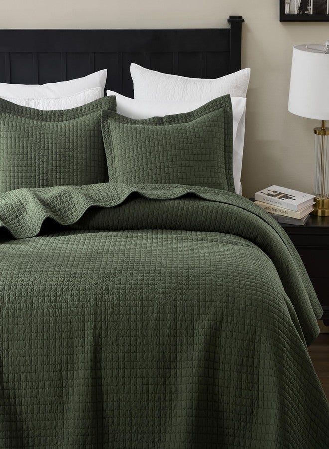 WDCOZY 100% Cotton King Size Quilt Set - Olive Green Pick Stitch Soft Lightweight Bedspread, Textured Like Linen, Farmhouse Country Rustic Coverlet, Shabby Chic Gauze Bedding, 3 Pieces - Image 4