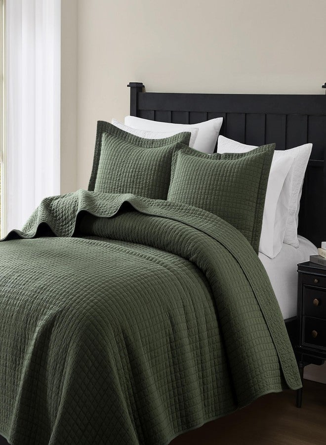WDCOZY 100% Cotton King Size Quilt Set - Olive Green Pick Stitch Soft Lightweight Bedspread, Textured Like Linen, Farmhouse Country Rustic Coverlet, Shabby Chic Gauze Bedding, 3 Pieces - Image 5