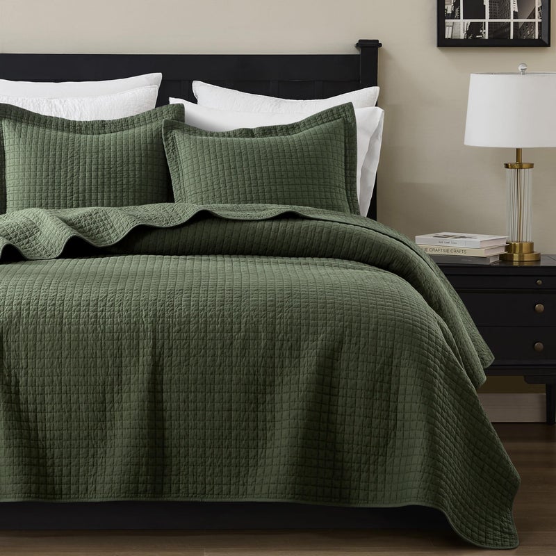 WDCOZY 100% Cotton King Size Quilt Set - Olive Green Pick Stitch Soft Lightweight Bedspread, Textured Like Linen, Farmhouse Country Rustic Coverlet, Shabby Chic Gauze Bedding, 3 Pieces - Image 1