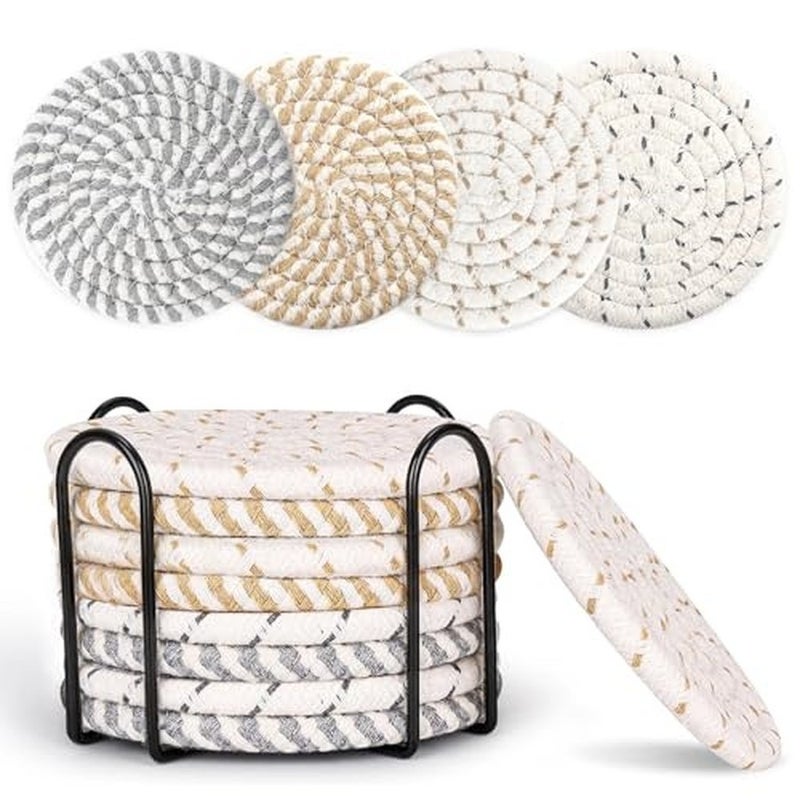 Levesica Farmhouse Coasters Set of 8 for Drinks Absorbent Woven Coaster Set with Holder Cute Cloth Coasters - Image 1