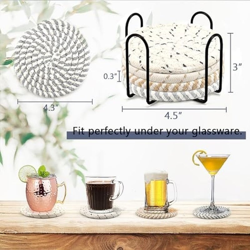 Levesica Farmhouse Coasters Set of 8 for Drinks Absorbent Woven Coaster Set with Holder Cute Cloth Coasters - Image 3