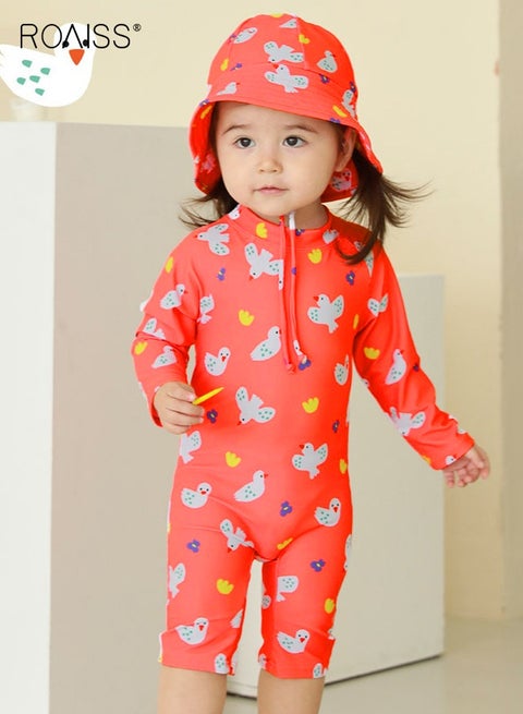 Girls One Piece Swimsuit with Sunhat, Long Sleeve Swimwear with Back Zipper, Sun Protection Bathing Suit with Adorable Pattern, Rash Guard Swimwear for Toddler Girls, Prefect for Beach, Swimming Pool, Swimming Lessons and Other Water Activities