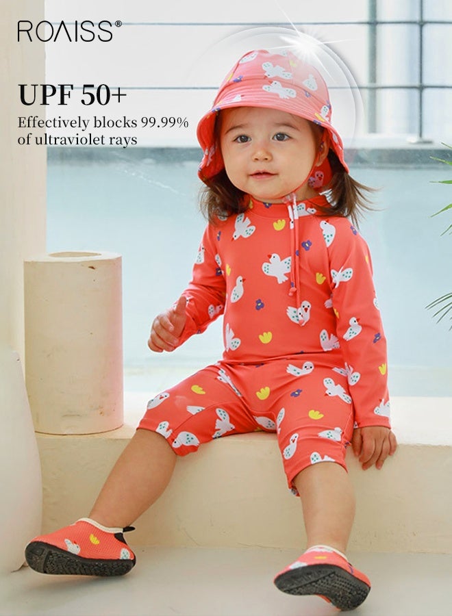 رويس ملابس سباحة من قطعة واحدة للفتيات مع قبعة شمسية، ملابس سباحة بأكمام طويلة وسحاب خلفي، ملابس سباحة واقية من الشمس بنقوش جميلة، ملابس سباحة واقية من الطفح الجلدي للفتيات الصغيرات، مثالية للشاطئ والمسبح ودروس السباحة والأنشطة المائية الأخرى. - Image 3