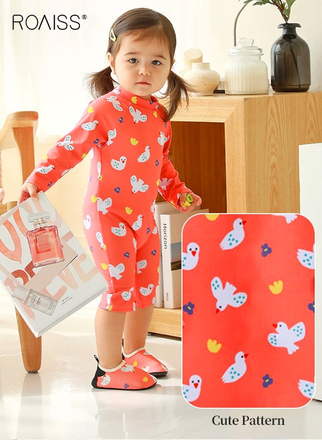 رويس ملابس سباحة من قطعة واحدة للفتيات مع قبعة شمسية، ملابس سباحة بأكمام طويلة وسحاب خلفي، ملابس سباحة واقية من الشمس بنقوش جميلة، ملابس سباحة واقية من الطفح الجلدي للفتيات الصغيرات، مثالية للشاطئ والمسبح ودروس السباحة والأنشطة المائية الأخرى. - Image 4