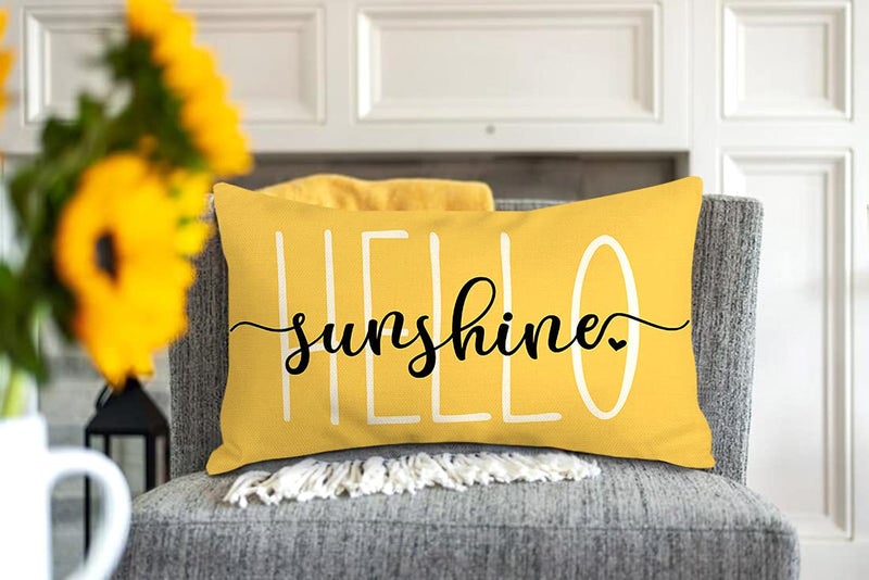4TH Emotion Hello Sunshine Pillow Cover Farmhouse Yellow Lumbar Pillow Cover Spring Summer Decorations Cushion Case for Sofa Couch Polyester Linen 12x20 Inches - Image 4