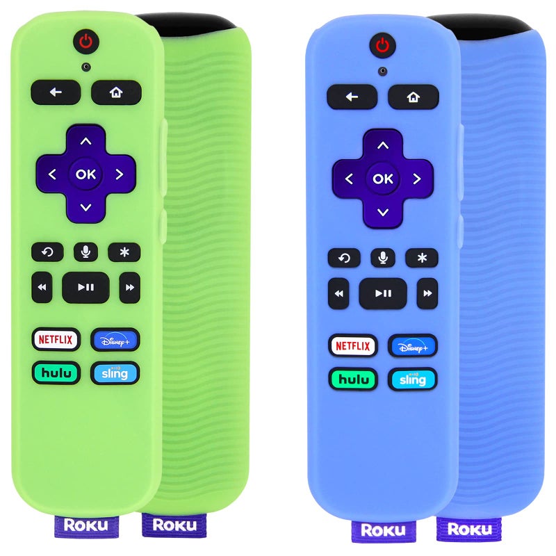 PINOWU [2 Pack] Remote Cover (Glow in The Dark) Compatible with Roku Voice Remote, Pinowu Anti Slip Silicone Cover Compatible with Roku Players and Roku TVS Voice Remote (Green and Blue) - Image 1