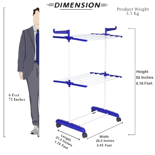 FLIPZON Premium Clothes Stand for Drying with Wheels | Portable | 2 Layer Rack for Balcony | Foldable Wings | 14 Hanger Rods | Alloy Steel & Plastic (White & Blue) - Image 3