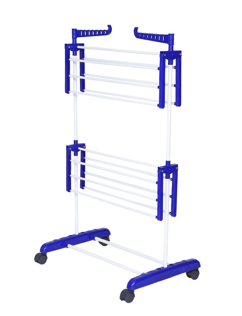 FLIPZON Premium Clothes Stand for Drying with Wheels | Portable | 2 Layer Rack for Balcony | Foldable Wings | 14 Hanger Rods | Alloy Steel & Plastic (White & Blue) - Image 5