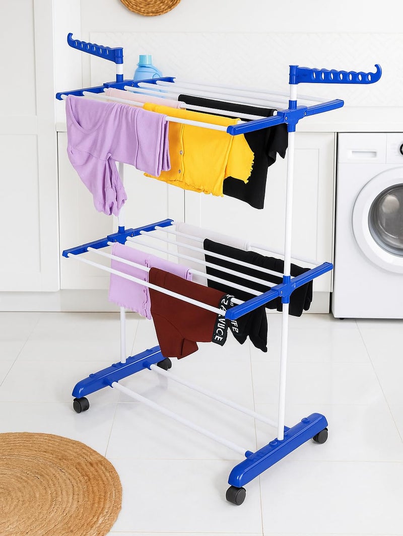 FLIPZON Premium Clothes Stand for Drying with Wheels | Portable | 2 Layer Rack for Balcony | Foldable Wings | 14 Hanger Rods | Alloy Steel & Plastic (White & Blue) - Image 1
