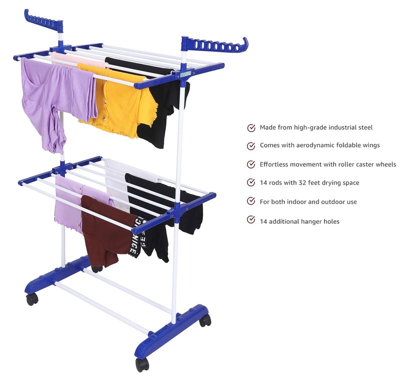 FLIPZON Premium Clothes Stand for Drying with Wheels | Portable | 2 Layer Rack for Balcony | Foldable Wings | 14 Hanger Rods | Alloy Steel & Plastic (White & Blue) - Image 4