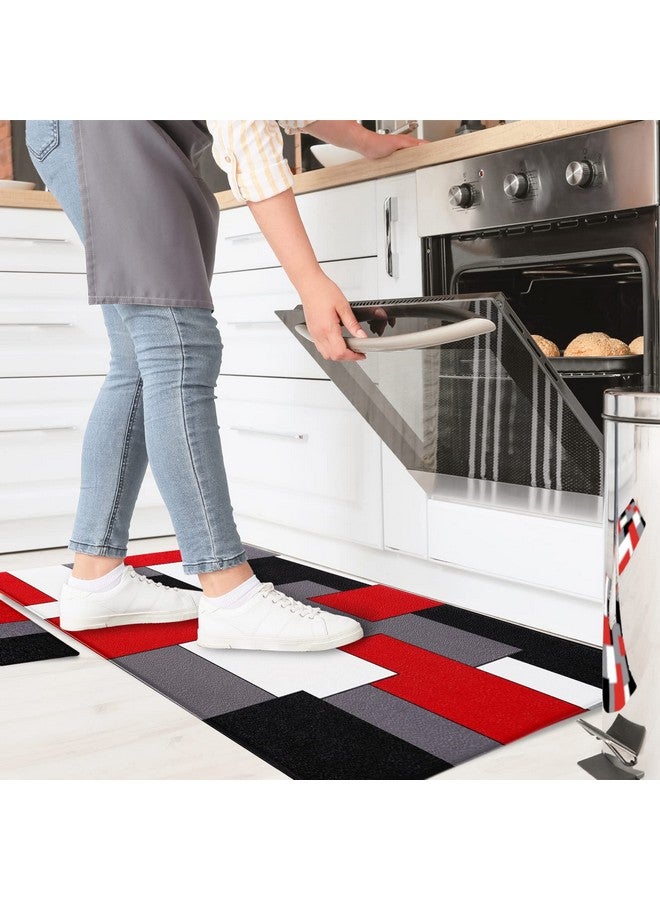 AILUER Black,White,Red and Grey Kitchen Rug Set 2 Piece Abstract Geometric Art Cushioned Abstract Modern Mats for Laundry (Geometric Art, 17.5"x29.5"+17.5"x47") - Image 3
