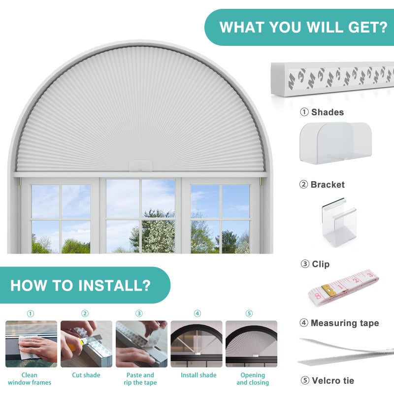 Changshade Arch Window Shades Blackout,Half Moon(Radius: 24") Blackout Pleated Window Shades, Half Circle No Drill Cellular Shades for Windows, Easy Cut and Install - Image 4
