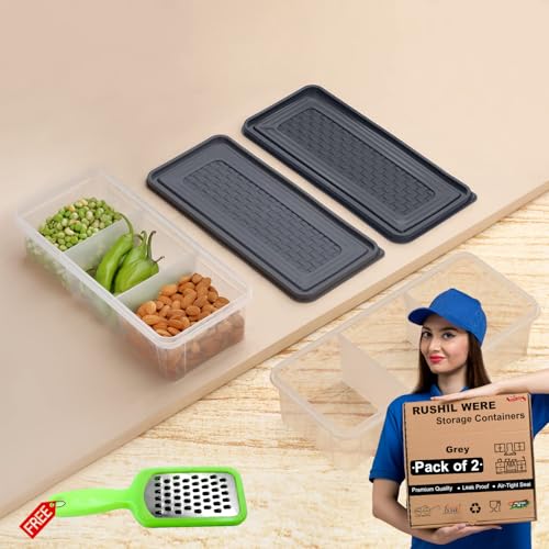 RUSHIL WERE 3 Partition Fridge container Boxes Organizer | Pack of 2 | Free 1 Grater | Plastic Storage Box For Kitchen | Microwave Safe | Durable | Multipurpose | Air Tight | Grey - Image 1