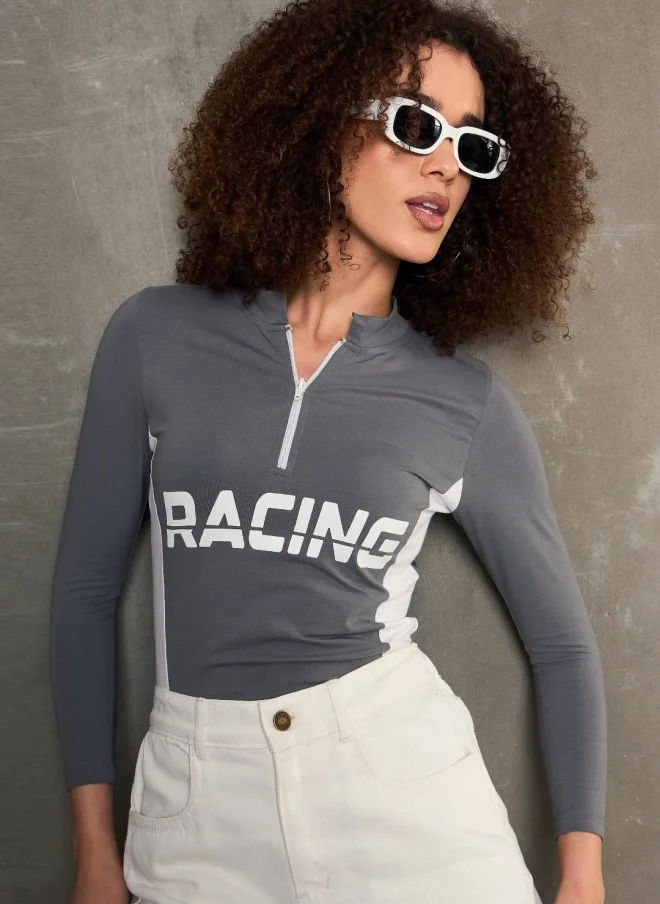 SASSAFRAS Grey Typography Printed T-Shirt for Women