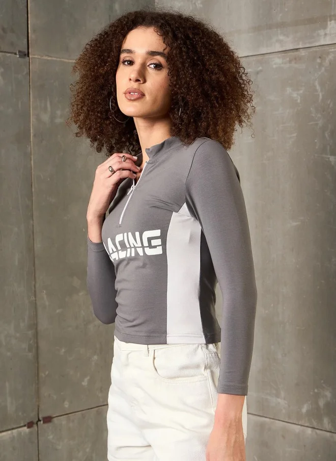 SASSAFRAS Grey Typography Printed T-Shirt for Women