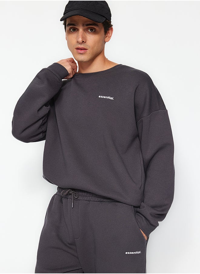 trendyol - Anthracite Tracksuit Set Oversize / Wide Cut Text Printed With Fleece Inside TMNAW24EM00004 - Image 1
