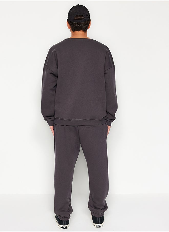 trendyol - Anthracite Tracksuit Set Oversize / Wide Cut Text Printed With Fleece Inside TMNAW24EM00004 - Image 1