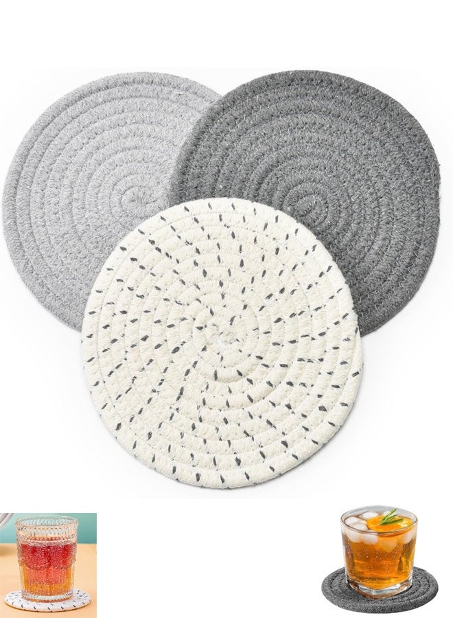 Bukela Handmade Woven Drink Coasters, 3Pcs Boho Absorbent Coasters for Home Decor, Cotton for Farmhouse Table Kinds of Cups New House Gift(4.3in, Grey/White) - Image 1