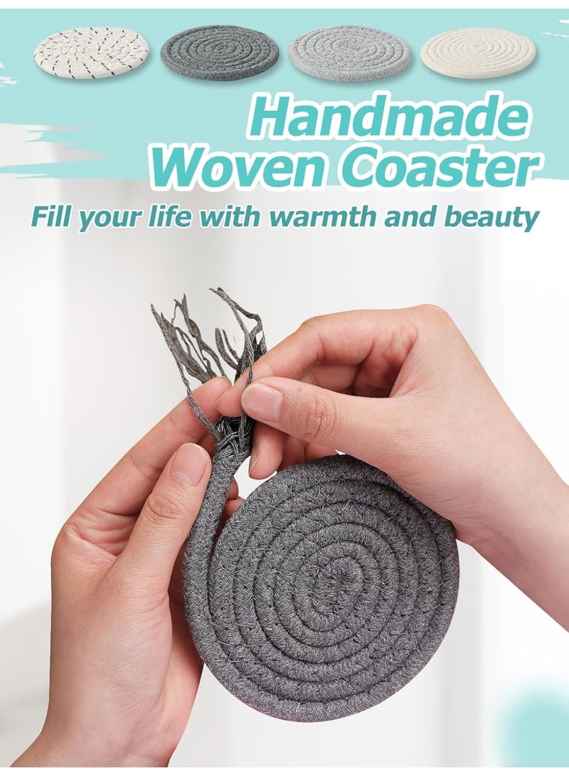 Bukela Handmade Woven Drink Coasters, 3Pcs Boho Absorbent Coasters for Home Decor, Cotton for Farmhouse Table Kinds of Cups New House Gift(4.3in, Grey/White) - Image 3