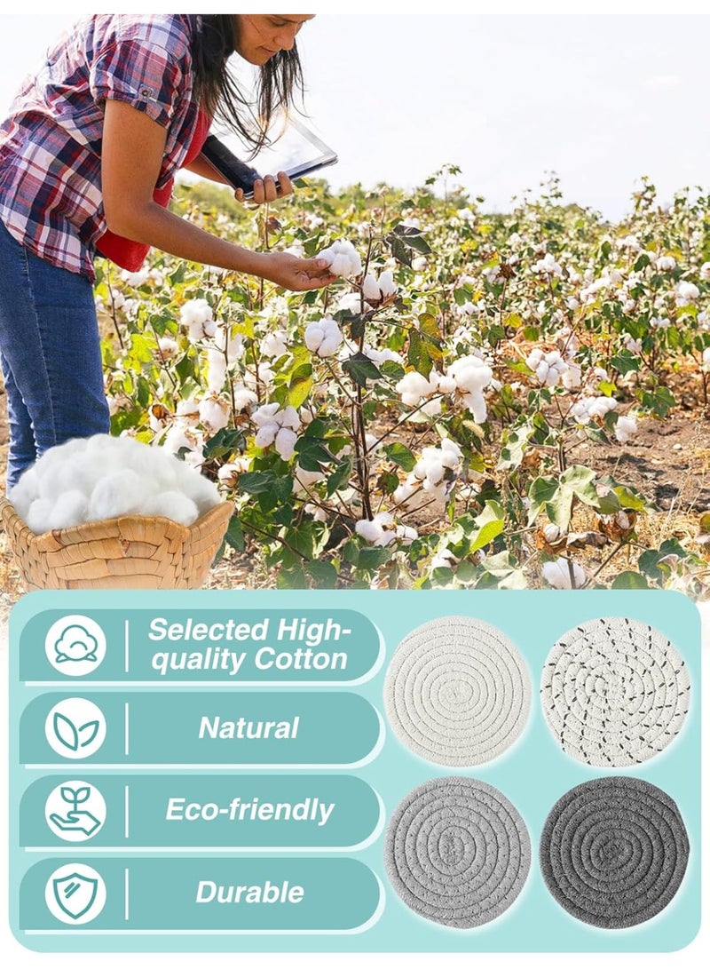 Bukela Handmade Woven Drink Coasters, 3Pcs Boho Absorbent Coasters for Home Decor, Cotton for Farmhouse Table Kinds of Cups New House Gift(4.3in, Grey/White) - Image 2