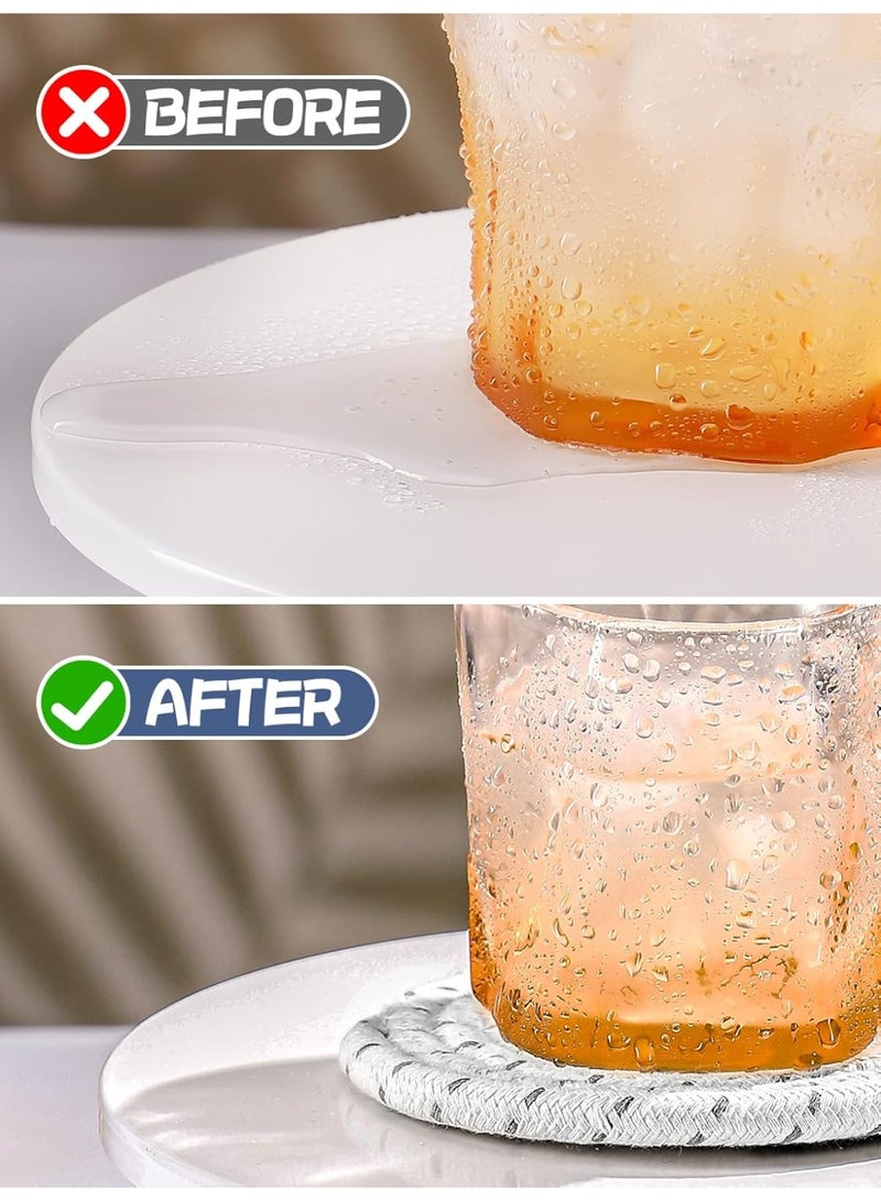 Bukela Handmade Woven Drink Coasters, 3Pcs Boho Absorbent Coasters for Home Decor, Cotton for Farmhouse Table Kinds of Cups New House Gift(4.3in, Grey/White) - Image 4