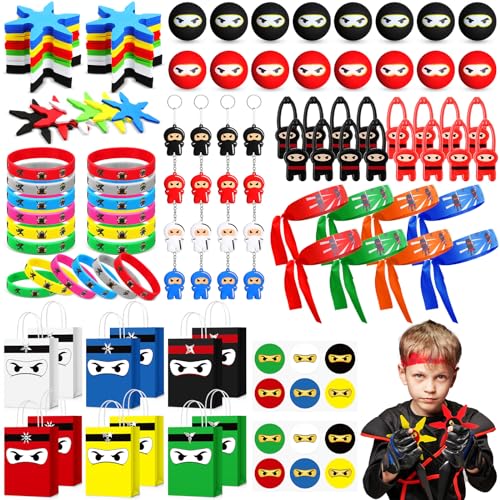 Resholder 12 Guests 96 Pcs Ninja Party Favors Include Ninja Paper Bags Bouncy Balls Throwing Favors Flying Slingshot Headbands Silicone Bracelets Keychains Stickers for Birthday Party Supplies - Image 1