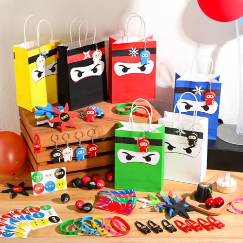 Resholder 12 Guests 96 Pcs Ninja Party Favors Include Ninja Paper Bags Bouncy Balls Throwing Favors Flying Slingshot Headbands Silicone Bracelets Keychains Stickers for Birthday Party Supplies - Image 5