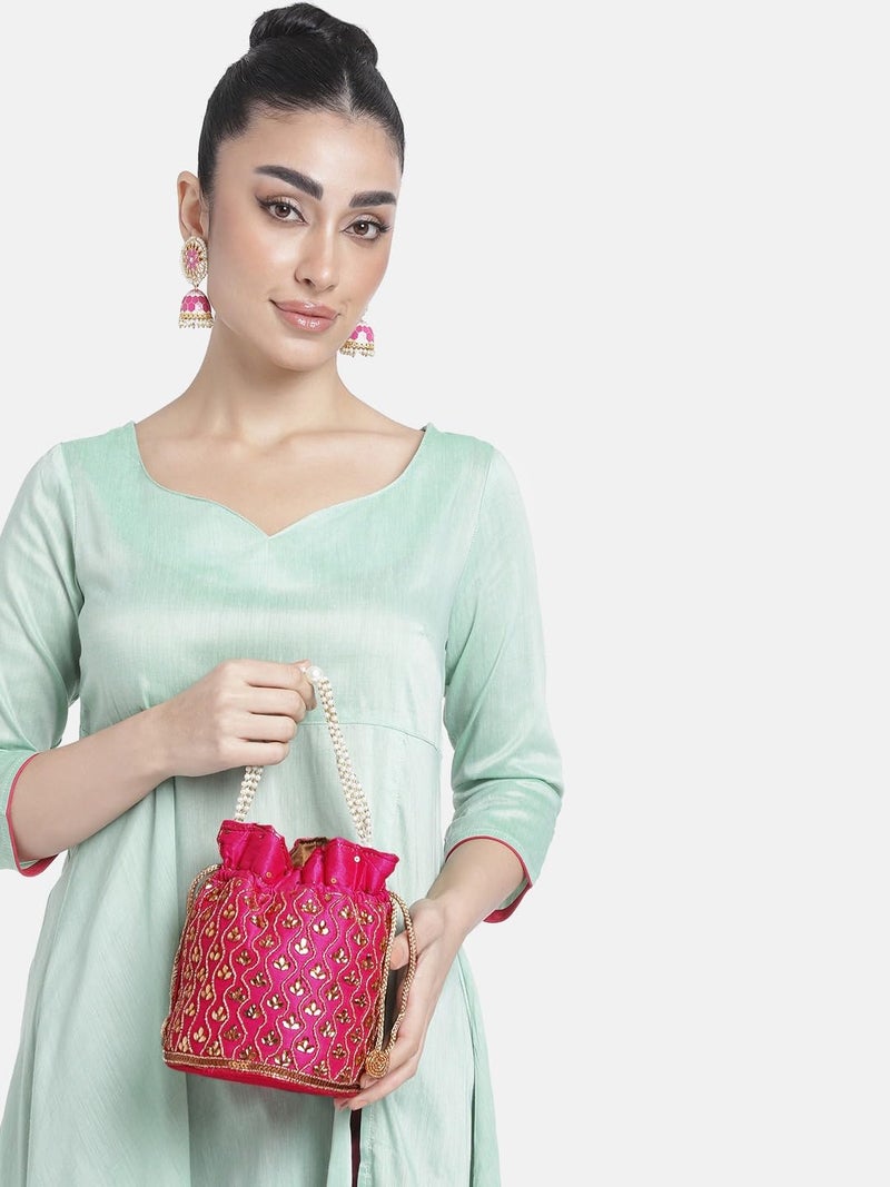 Peora Rani Pink Potli Bags for Women Evening Bag Clutch Ethnic Bride Purse with Drawstring(P88RP) - Image 4