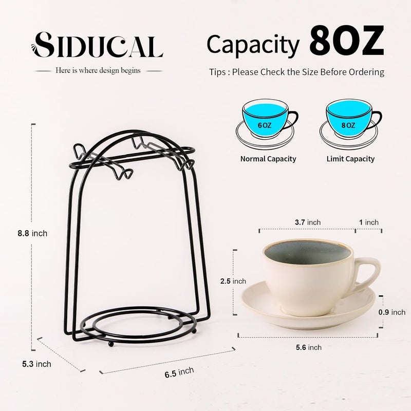 SIDUCAL Stackable Cappuccino Cup Set of 4 [8oz] Ceramic Coffee Cups with Saucers and Cup Holder,Microwave/Dishwasher Safe,Espresso Demitasse Cups(Green) - Image 2