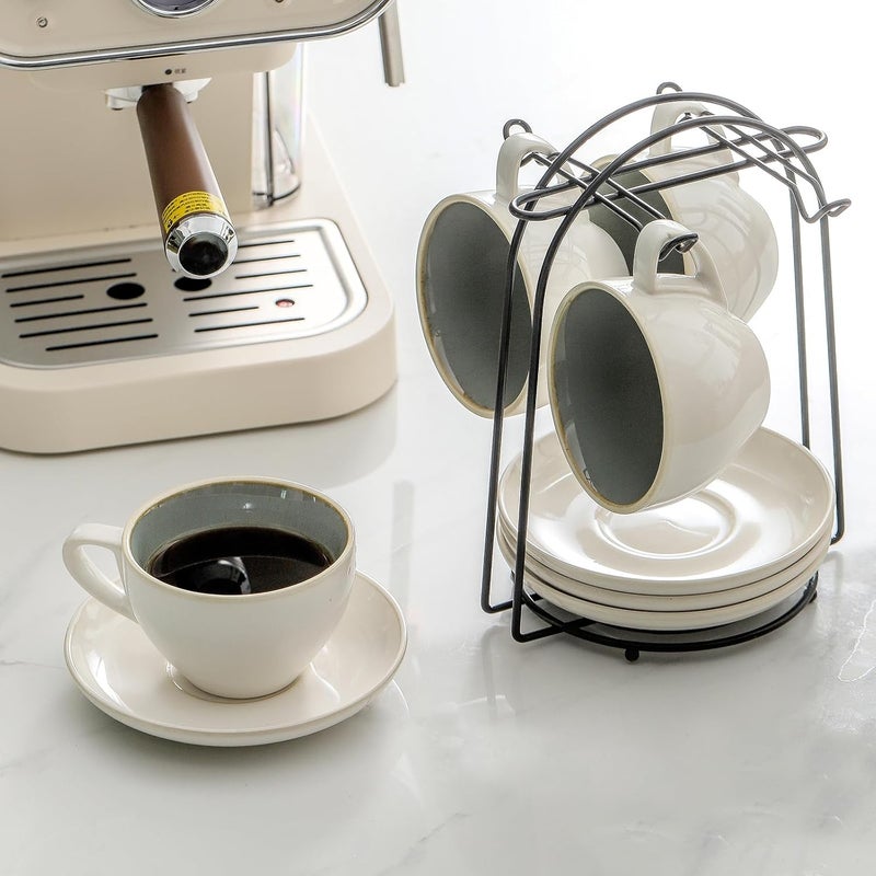 SIDUCAL Stackable Cappuccino Cup Set of 4 [8oz] Ceramic Coffee Cups with Saucers and Cup Holder,Microwave/Dishwasher Safe,Espresso Demitasse Cups(Green) - Image 4