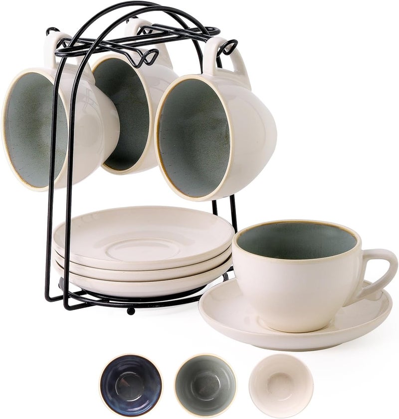 SIDUCAL Stackable Cappuccino Cup Set of 4 [8oz] Ceramic Coffee Cups with Saucers and Cup Holder,Microwave/Dishwasher Safe,Espresso Demitasse Cups(Green) - Image 1