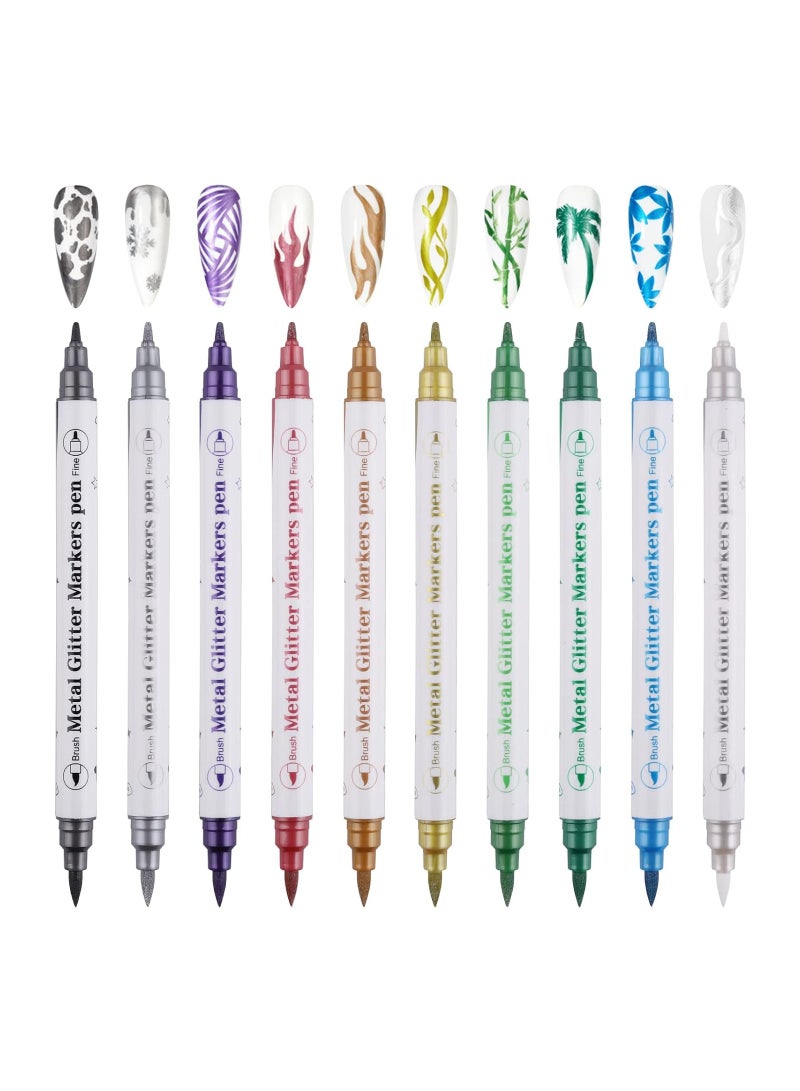 10 Color Metal Giltter 3D Nail Art Pens Set, Double-ended Nail Point Graffiti Dotting Pen, Drawing Painting Liner Brush for DIY Nail Art Beauty Adorn Manicure Tools, Nail Art 3D Painted Pen - Image 1