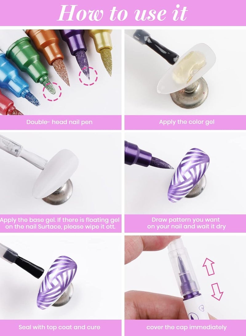 10 Color Metal Giltter 3D Nail Art Pens Set, Double-ended Nail Point Graffiti Dotting Pen, Drawing Painting Liner Brush for DIY Nail Art Beauty Adorn Manicure Tools, Nail Art 3D Painted Pen - Image 2