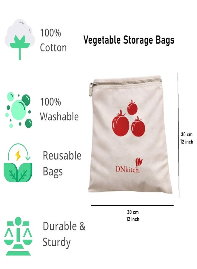 DNkitch 100% Cotton Zipper Vegetable Storage Bags Cotton Fridge Organizer Bags for Fruits & Vegetables | Breathable Washable Eco-Friendly Veg Bags (Set of 6) - Image 2