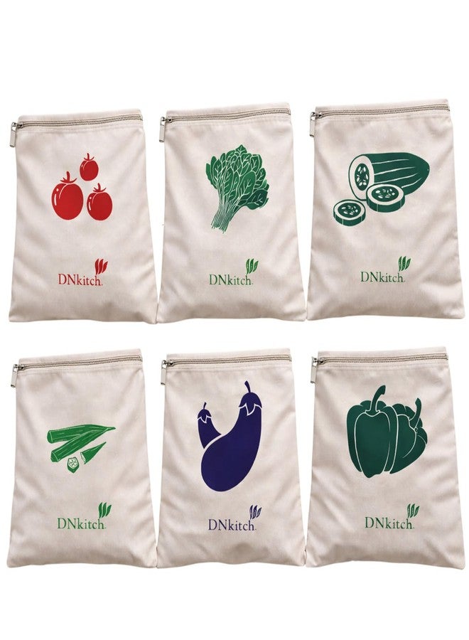 DNkitch 100% Cotton Zipper Vegetable Storage Bags Cotton Fridge Organizer Bags for Fruits & Vegetables | Breathable Washable Eco-Friendly Veg Bags (Set of 6) - Image 1