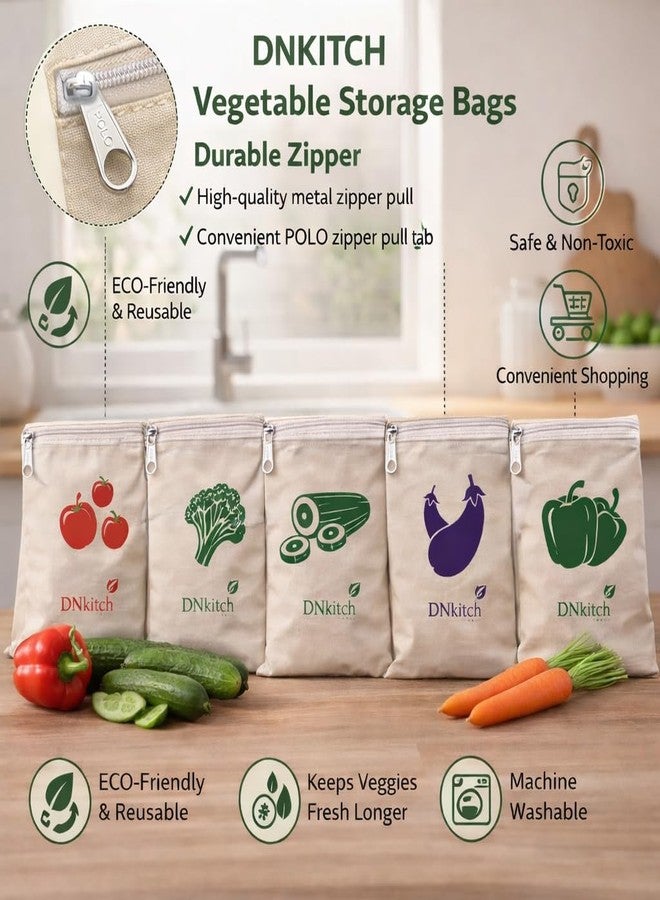 DNkitch 100% Cotton Zipper Vegetable Storage Bags Cotton Fridge Organizer Bags for Fruits & Vegetables | Breathable Washable Eco-Friendly Veg Bags (Set of 6) - Image 4