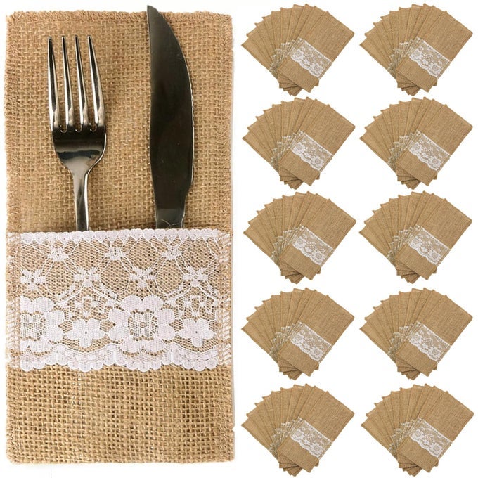 TM 100 PACK NATURAL BURLAP CUTLERY HOLDER POUCH BAG 4X85 INCH WITH LACE SILVERWARE NAPKIN HOLDERS WEDDING PARTY BRIDAL SHOWER TABLE SETTING TABLE DECORATION