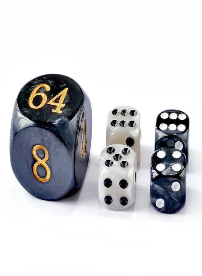 BESCON 5pcs Set 30MM Backgammon Pearl Dice Set - 30MM (1 3/16") Large Backgammon Doubling Cube Plus 4pcs 16MM Dice (Black/White Marbleized) - Image 1