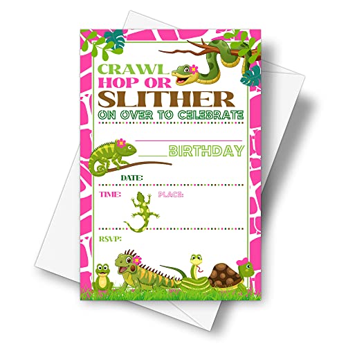 DETIHO 4" x 6" Reptile Theme Birthday Party Invitation Cards With Envelopes - Lizard Snake Turtle - Fill In Style Party Invitation - 20 Sets - E26 - Image 1