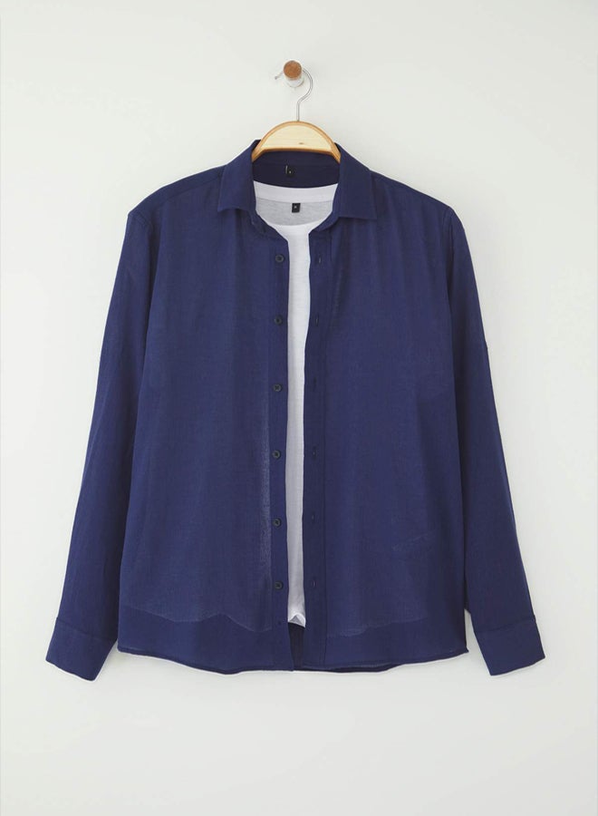 trendyol Navy Blue Regular Fit Epaulette Crinkle Effect Linen Look - Image 1