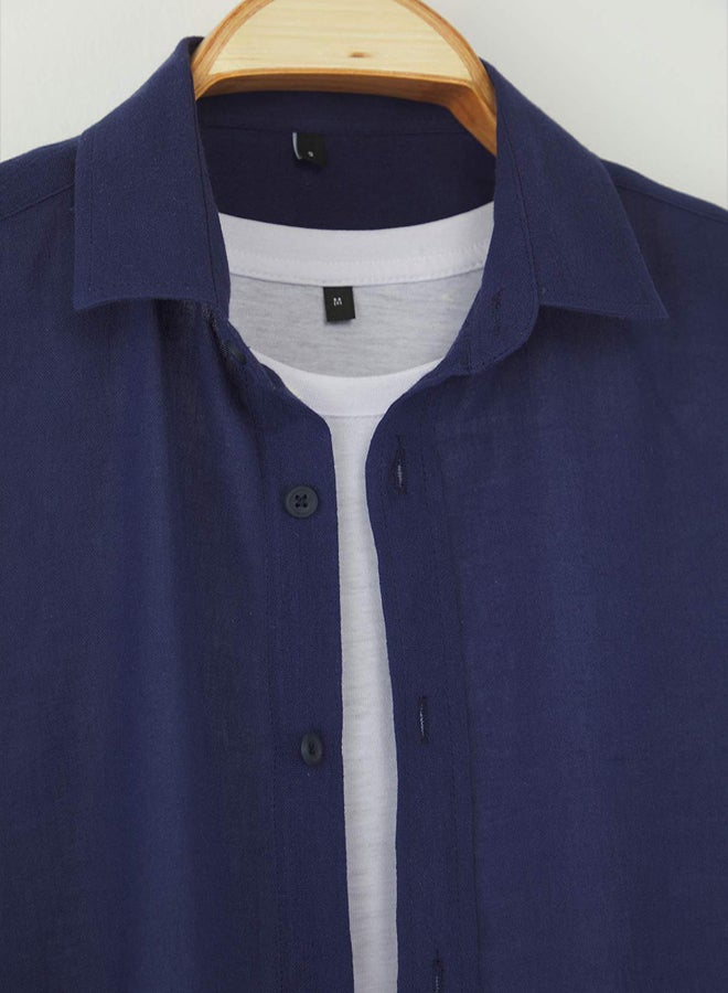trendyol Navy Blue Regular Fit Epaulette Crinkle Effect Linen Look - Image 2