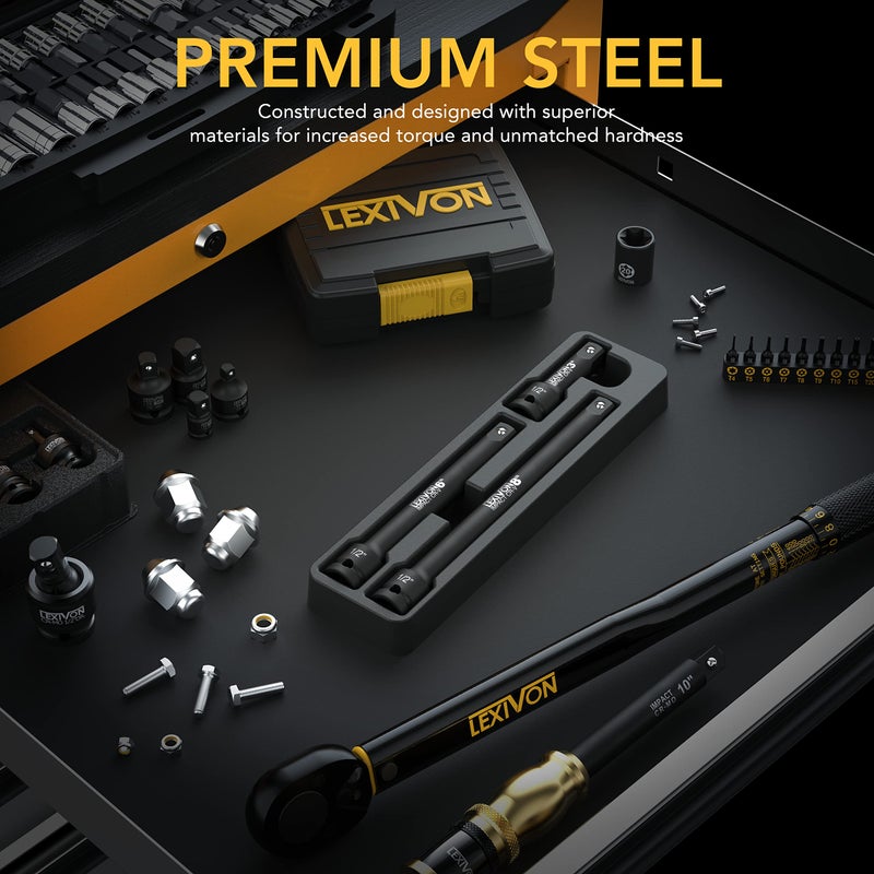 LEXIVON مجموعة قضبان تمديد سائق التأثير LEXIVON، 1/2" درايف | 3 قطع بطول 3" و 6" و 8"، منظمة في صينية | فولاذ كروم فاندوم المعالج بالحرارة (LX-115) - Image 3
