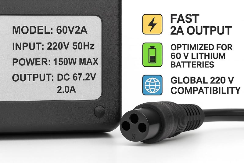 FUKUKAWA® 60V 2A Electric Scooter & E-Bike Lithium Battery Charger | DC 67.2V Output, 150W Max, 220V 50Hz | Smart Fast Charger with 3-Pin Plug & Multi-Protection for 60V Lithium Battery Pack - Image 2