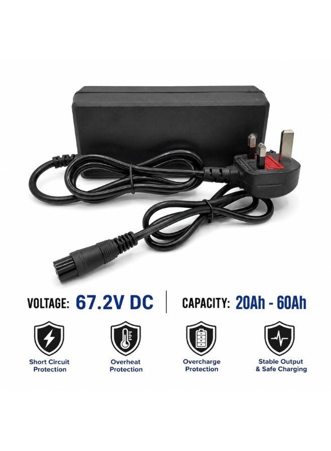 FUKUKAWA® شاحن بطارية ليثيوم 60V 2A للسكوتر الكهربائي والدراجة الكهربائية، خرج DC 67.2V، قدرة قصوى 150W، دخل 220V 50Hz، قابس بريطاني 3-Pin، موصل خرج 3-Pin، حماية متعددة - Image 5