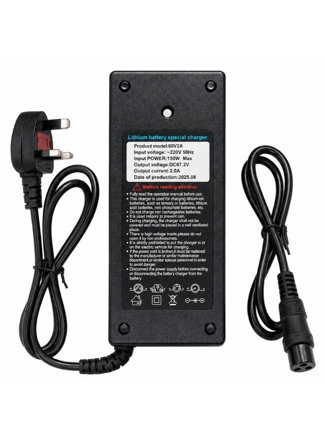 FUKUKAWA® شاحن بطارية ليثيوم 60V 2A للسكوتر الكهربائي والدراجة الكهربائية، خرج DC 67.2V، قدرة قصوى 150W، دخل 220V 50Hz، قابس بريطاني 3-Pin، موصل خرج 3-Pin، حماية متعددة - Image 4