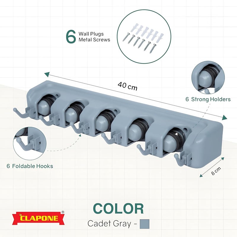 CLAPONE Mop and Broom Holder Wall Mount Heavy Duty Broom Holder Wall Mounted or Tool Organizer for Home Garden Garage and Storage Broom Stick Holder Broom Hanger5 Positions with 6 Hooks Grey - Image 2