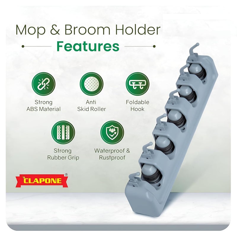 CLAPONE Mop and Broom Holder Wall Mount Heavy Duty Broom Holder Wall Mounted or Tool Organizer for Home Garden Garage and Storage Broom Stick Holder Broom Hanger5 Positions with 6 Hooks Grey - Image 3