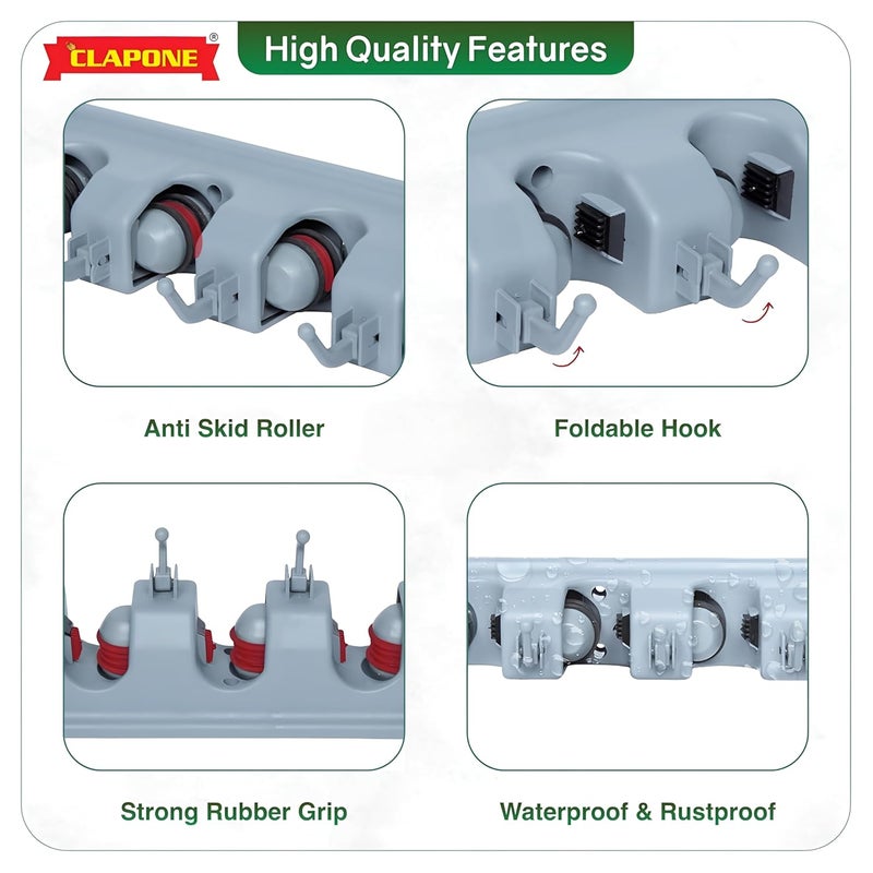 CLAPONE Mop and Broom Holder Wall Mount Heavy Duty Broom Holder Wall Mounted or Tool Organizer for Home Garden Garage and Storage Broom Stick Holder Broom Hanger5 Positions with 6 Hooks Grey - Image 4