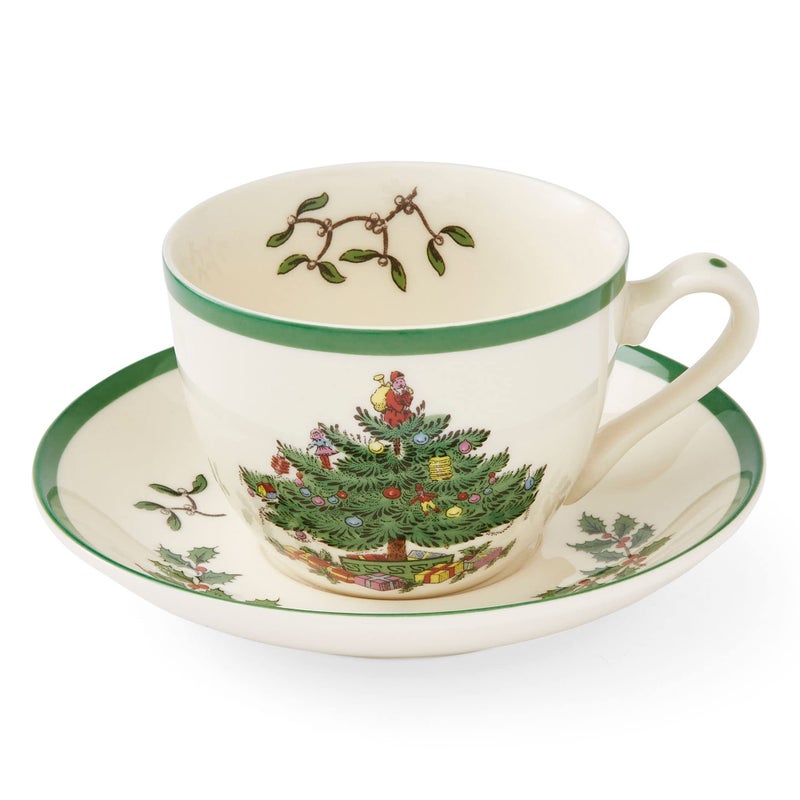 Spode Christmas Tree Teacup  Saucer Set  7 Oz Earthenware Cup for Tea Coffee Cappuccino Espresso  Holly  Mistletoe Holiday Accents  Holiday Collection Design for Gifting