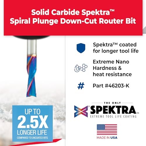 Amana Tool Solid Carbide Spektra Extreme Tool Life Spiral Plunge Router Bit Down-Cut, 46203-K, 3/8 Dia x 1 CH x 3/8 Shank 2-1/2 Inch L - Image 2